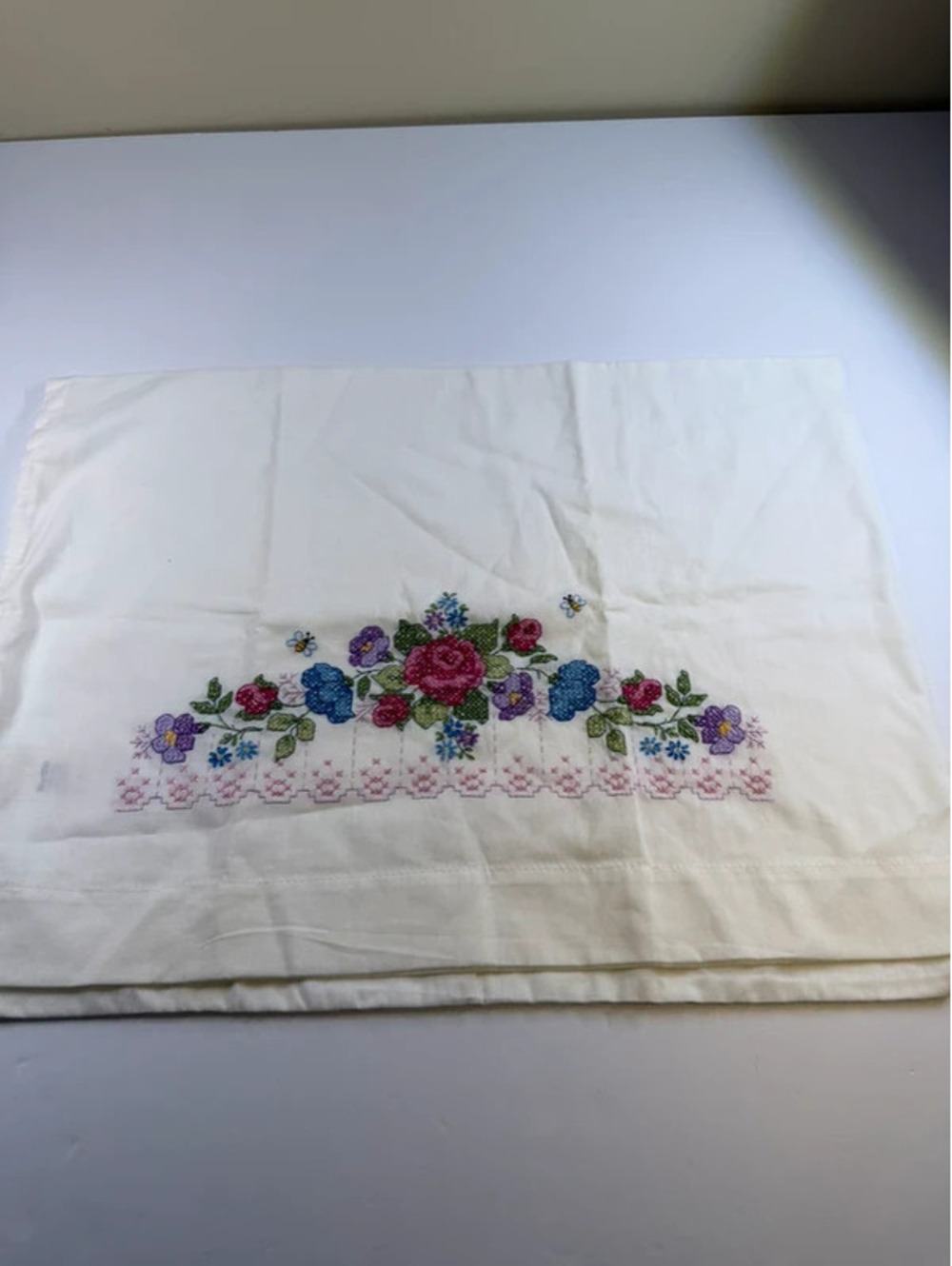 Vintage Bucilla Embroidered Floral Pillowcase Cross Stitch Standard USA